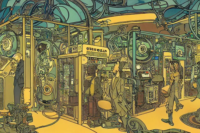 Prompt: front view on steampunk communication room with big vapor tubes and computers, mad scientist working, giant video screens, sci - fi vending machine, big plants, retrofuturism, concept art by mucha and moebius and victo ngai, clean line, diesel punk