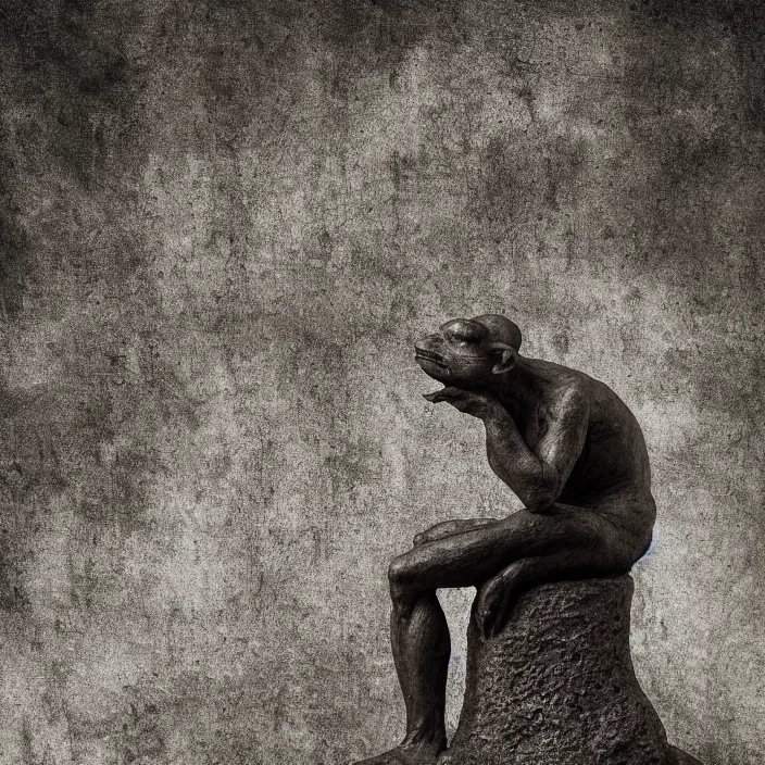 Prompt: toad philosopher The Thinker, swamp, by Auguste Rodin, symmetric, by Irving Penn, bokeh , top cinematic lighting , cinematic mood, very detailed, shot in canon, 8k ,