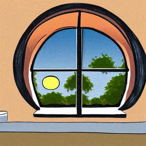 Prompt: kitchen, with cabinets in background, sunrise, large round window, digital art, cartoon