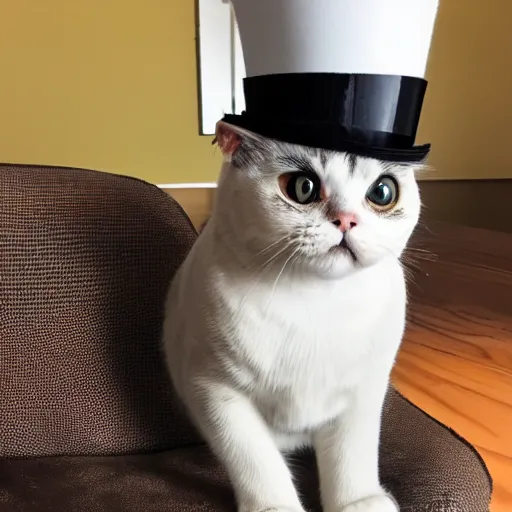 Prompt: A Scottish Fold cat with a mustache wearing a top hat