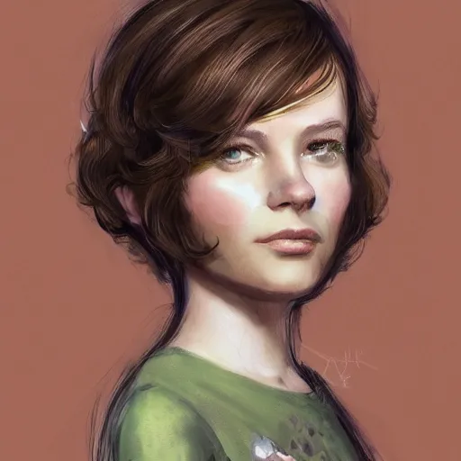 Image similar to a portrait photo of a young woman with medium - short brown hair, an intricate dress, and green eyes, floating in space, trending on artstation