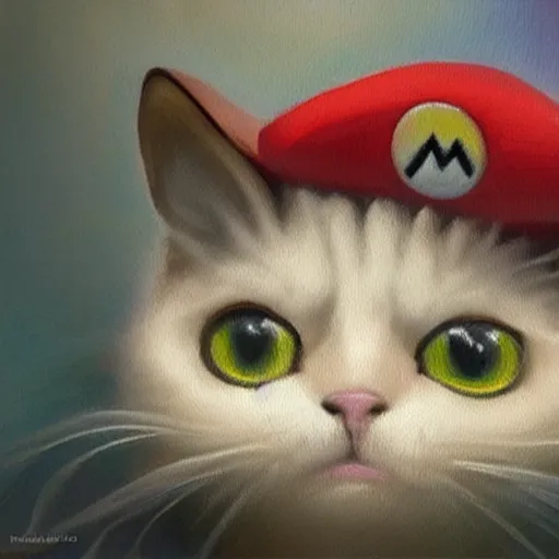 Image similar to A beautiful oil painting of a Kawaii Cat wearing a Super Mario Hat, art by michelangelo, volumetric lighting, photorealistic, highly detailed.