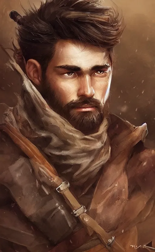 Image similar to Portrait of a rugged ranger, male, muscular, straight nose!!!, detailed face, handsome, simple clothing!!!!!, fantasy, medieval, highly detailed, cinematic lighting, digital art painting by jia ruan