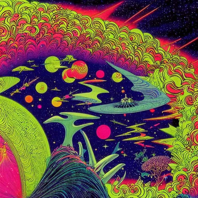 Image similar to edge of interstellar space, bright neon colors, highly detailed, cinematic, hiroo isono, eyvind earle, philippe druillet, roger dean, lisa frank, aubrey beardsley, ernst haeckel