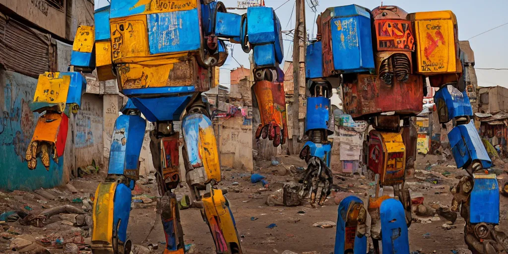 Image similar to colourful giant mecha ROBOT of AJEGUNLE SLUMS of Lagos, writings and markings on robot, Golden hour,