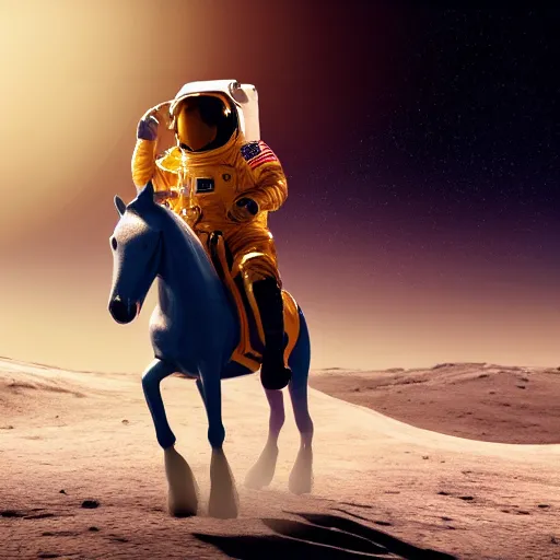 Image similar to astronaut riding a horse on the moon, hyperrealistic masterpiece, trending on artstation, cgsociety, kodakchrome, golden ratio, cinematic, composition, beautiful lighting, hyper detailed, octane render, 4 k, unreal engine