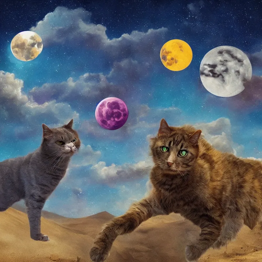 Image similar to a surreal landscape of a frightened giant cat chased by ghosts in a vast desert lit by two scary moons, deeply texural, saturated color scheme