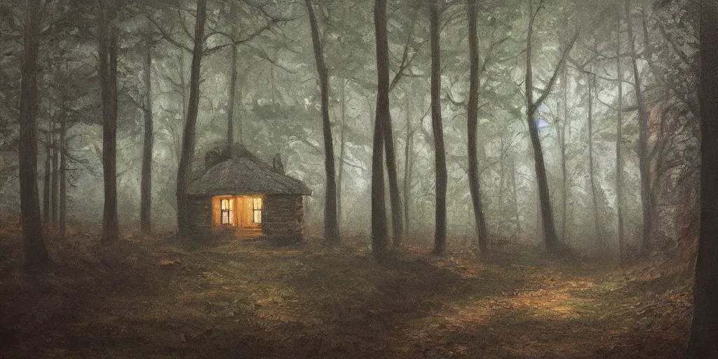 Image similar to a painting of a close up of a single cottage in the woods and empty woods, 8k, fantasy, hyper realistic, atmospheric lighting, cinematic