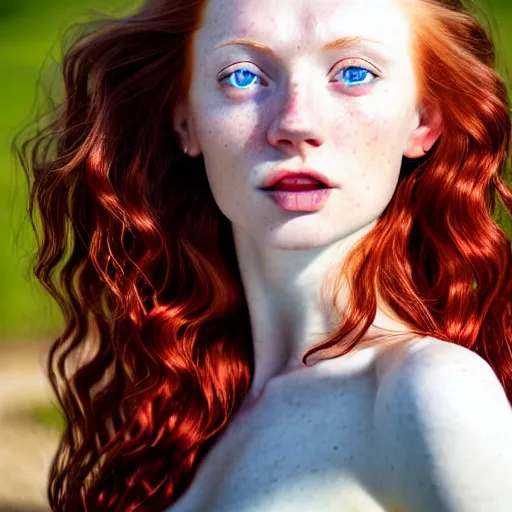 Image similar to close up portrait photograph of a thin young redhead woman with russian descent, sunbathed skin, with deep blue eyes. Wavy long maroon colored hair. she looks directly at the camera. Slightly open mouth, with a park visible in the background. 55mm nikon. Intricate. Very detailed 8k texture. Sharp. Cinematic post-processing. Award winning portrait photography. Sharp eyes.