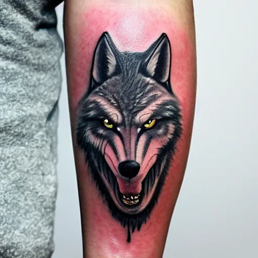 Image similar to tattoo of close up portrait photo of an angry wolf with huge teeth, 8k,