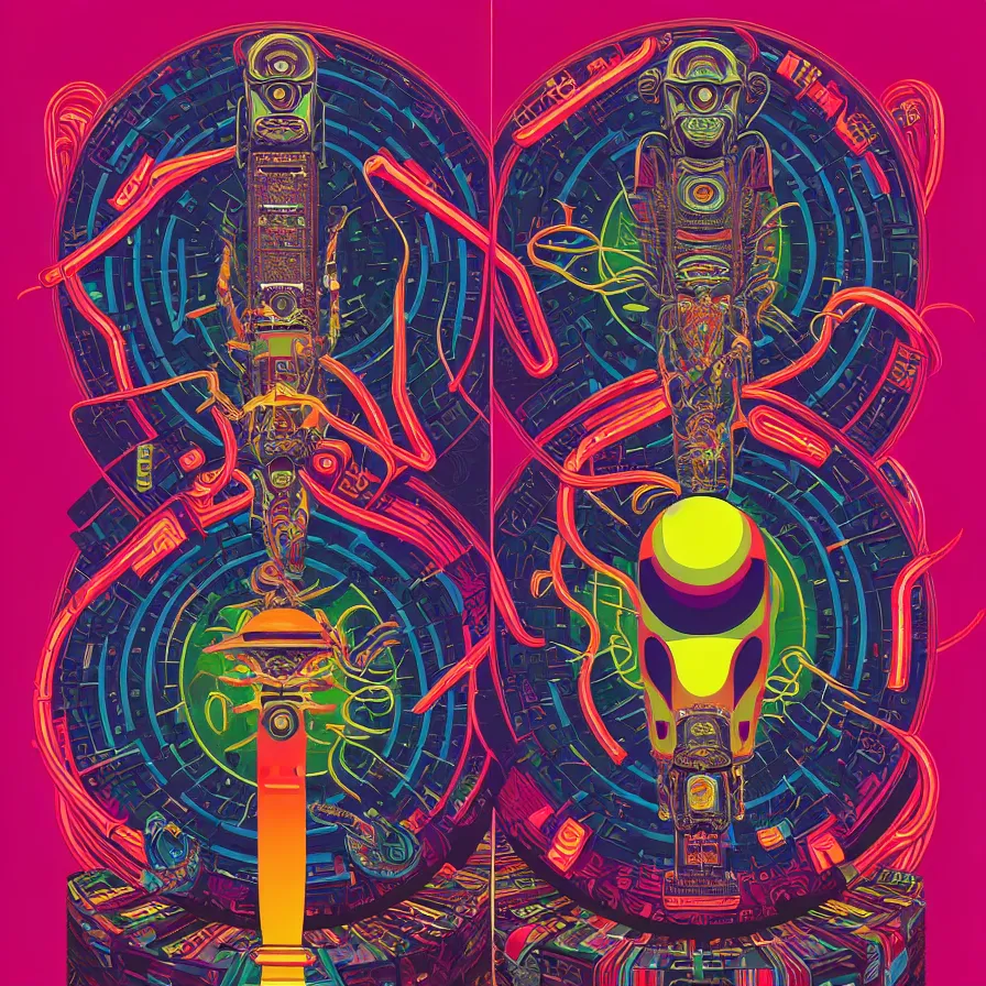 Image similar to album cover design design depicting the alter to the alien machine gods, by jonathan zawada, pi - slices, and tristan eaton, digital art