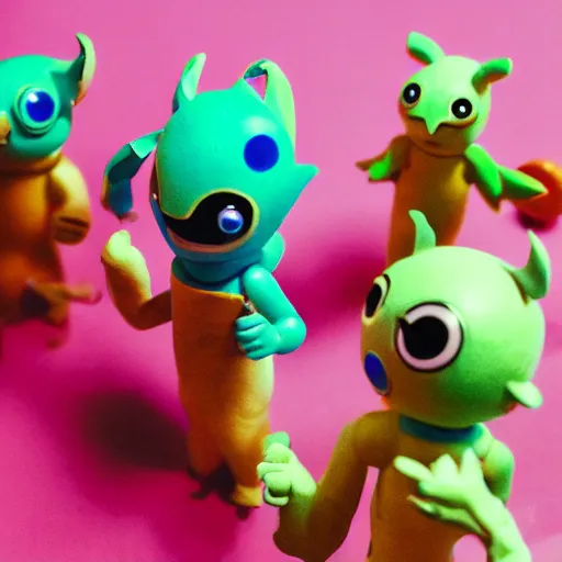 Prompt: a 35mm photo of adorable little toy monsters holding a meeting