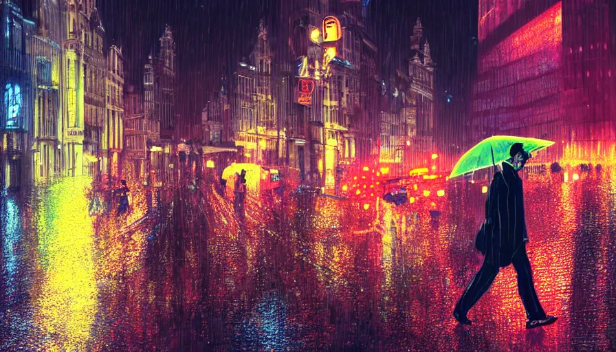 Image similar to guy walking under rain in brussels by night, neon lights, hyperdetailed, artstation, cgsociety, 8 k