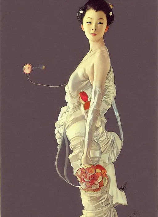 Image similar to a low angle copic maker art nouveau portrait of a japanese futuristic girl detailed features wearing a latex wedding dress with a puffy skirt designed by balenciaga by john berkey, norman rockwell akihiko yoshida