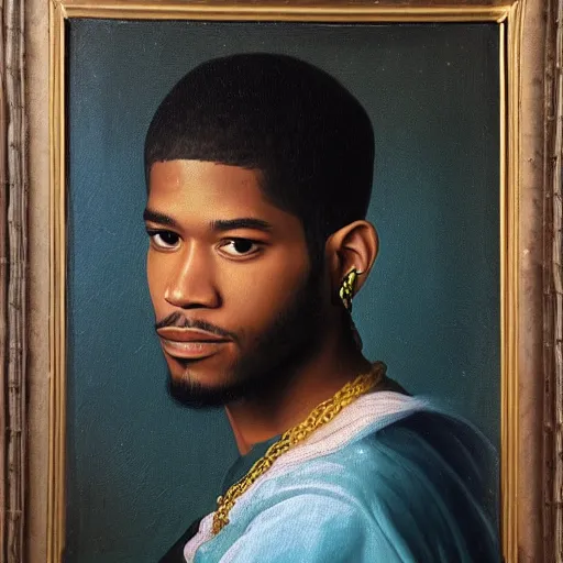 Image similar to a renaissance style portrait painting of kid cudi