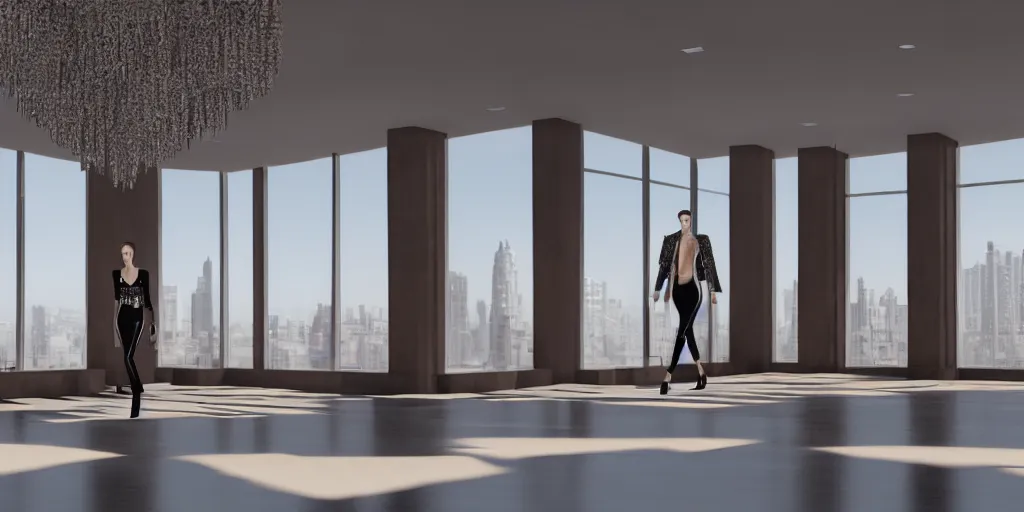 Image similar to Fashion Catwalk in a luxurious penthouse interior, concept art, rendering, hyperdetailed, unreal engine 5, 4k