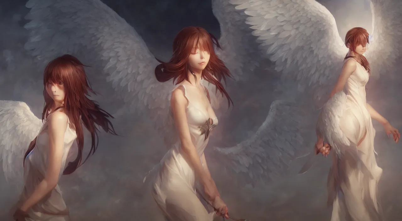 Image similar to an oil painting of a beautiful anime girl with angel wings, by artgerm, wlop and greg rutkowski, hd, hdr, ue 5, ue 6, unreal engine 5, cinematic 4 k wallpaper, 8 k, ultra detailed, high resolution, artstation, award winning