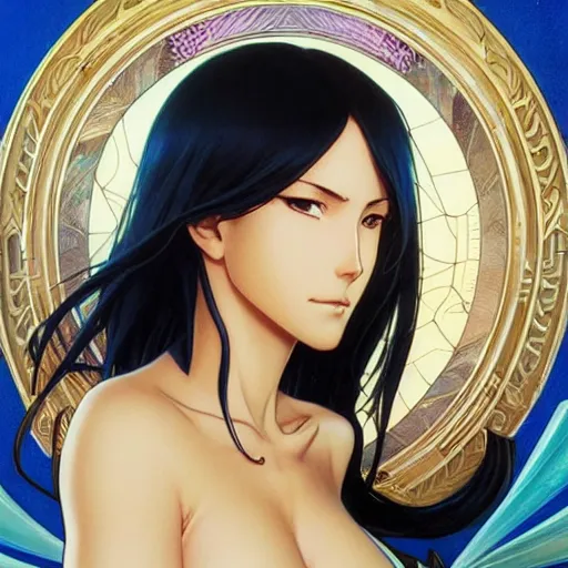 Image similar to highly detailed vfx portrait of nico robin by ( eiichiro oda ), makoto shinkai, alphonse mucha, sharp focus, art by artgerm and greg rutkowski!, backlit, harsh overhead sunlight, blue eyes!!, large aquiline nose!!, stanley kybric, kaoru mori, detailed, best of behance,