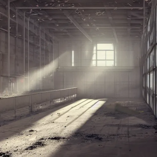 Prompt: abandoned industrial factory interior, sunlight filtering, visible dust, digital art, trending on artstation