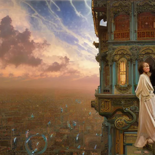 Image similar to a very detailed Magic portrait painting of someone with an oversized foot where their head should be, a very detailed fantasy city background, a very detailed dramatic sky, light particles, environment drawn by Donato Giancola and Tom Bagshaw, Edmund Leighton, character design by Alphonse Mucha, 4k, volumetric lighting, komorebi, award winning, octane render, hyperrealistic