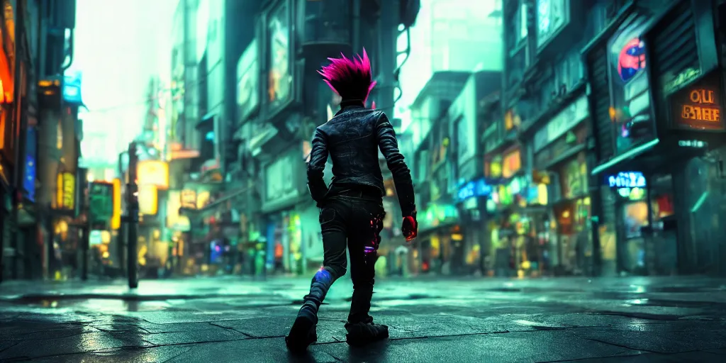 Image similar to a male goblin punk walking down the street in a cyberpunk city, medium distance shot, sharp focus, deep depth of field, light rain, highly detailed face, 8k, unreal engine 5, cinematic lighting, vivid elegant fantasy concept art, character art, cold blue neon atmosphere, artstation, deep complimentary colors, volumetric lighting, photorealistic, hyperdetailed 3D matte painting, hyperrealism, hyperrealistic masterpiece