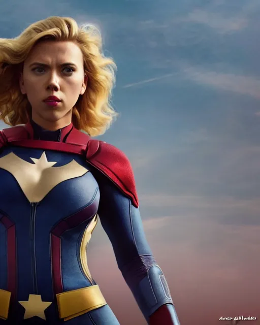Prompt: scarlett johansson portraying a beautiful power girl from dc, beautiful scarlett johansson power girl, movie, hyper realistic, hollywood promotional image, imax, 8 k