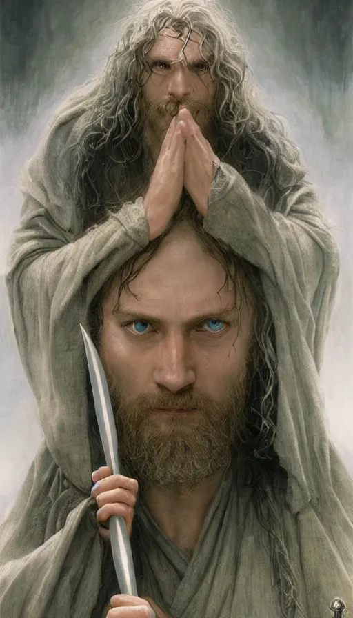 Image similar to epic masterpiece portrait lord of the rings in dungeons and dragons, long robe, sweaty skin, hyperrealistic, octane render, cinematic, beautiful face and flawless skin, perfect hands, 5 fingers, by Edgar Maxence and Ross Tran and Michael Whelan, Legends of Runeterra