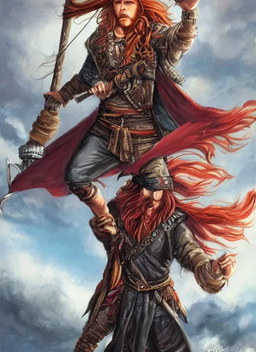 Image similar to an epic fantasy comic book style portrait painting of a long haired, red headed male sky - pirate in front of an airship in the style of the farseer series