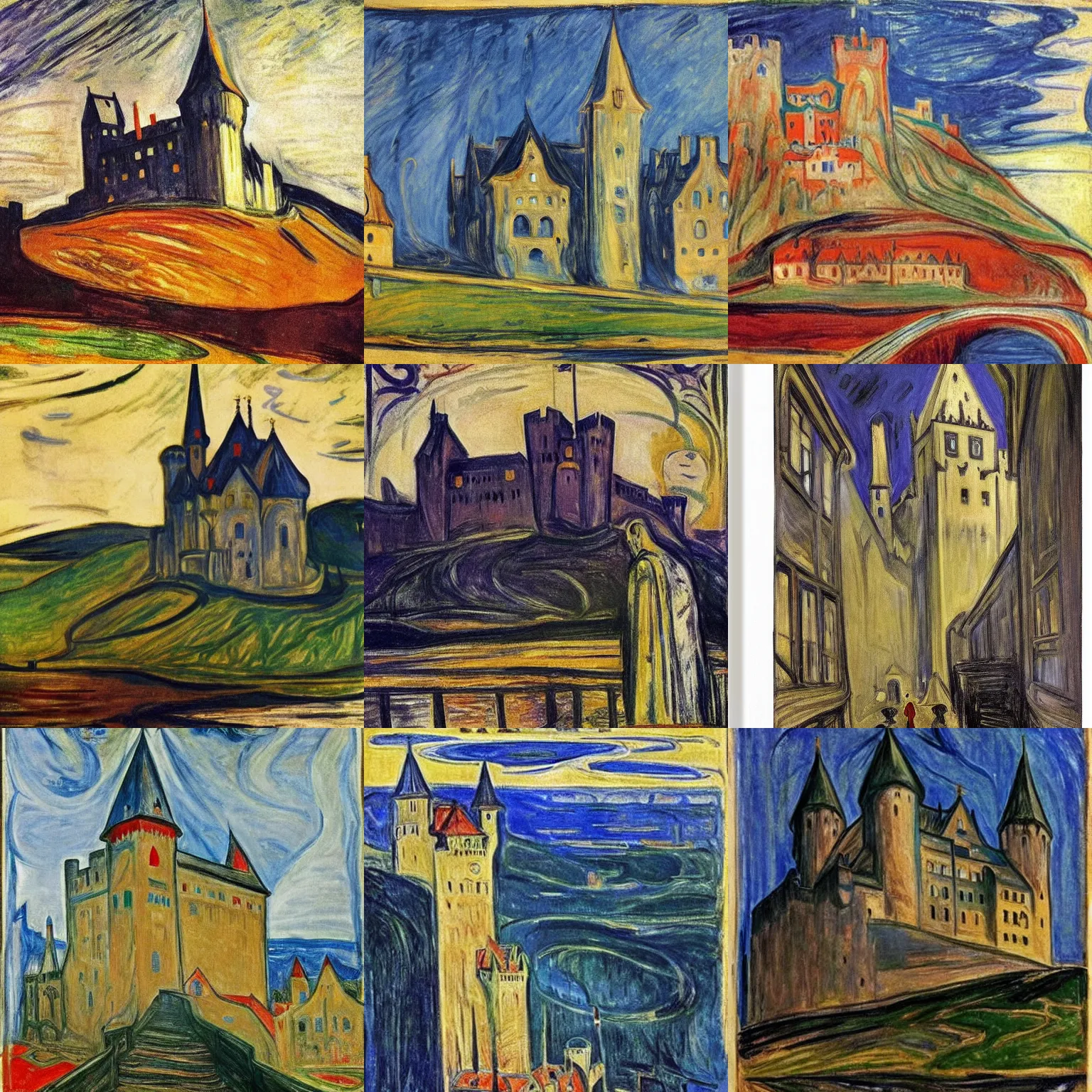 Prompt: medieval castle, by edvard munch