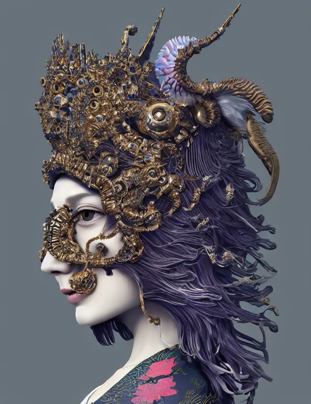 Image similar to 3 d goddess close - up profile portrait with crown, ram skull. beautiful intricately detailed japanese crow kitsune mask and clasical japanese kimono. betta fish, jellyfish phoenix, bio luminescent, plasma, ice, water, wind, creature, artwork by tooth wu and wlop and beeple and greg rutkowski