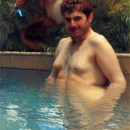 Prompt: a portrait of a furry in the pool, furry body, furry arms, furry legs, furry tail. highly detailed painting by gaston bussiere, craig mullins, j. c. leyendecker, furry