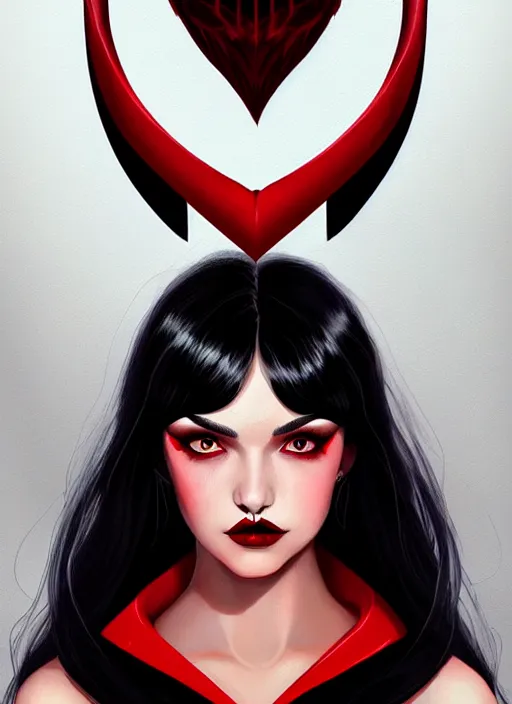 Image similar to portrait of vampire veronica lodge with bangs, vampire fangs, vampire, long hair, red clothes, bangs, vampironica, intricate, elegant, glowing lights, highly detailed, digital painting, artstation, concept art, smooth, sharp focus, illustration, art by wlop, mars ravelo and greg rutkowski