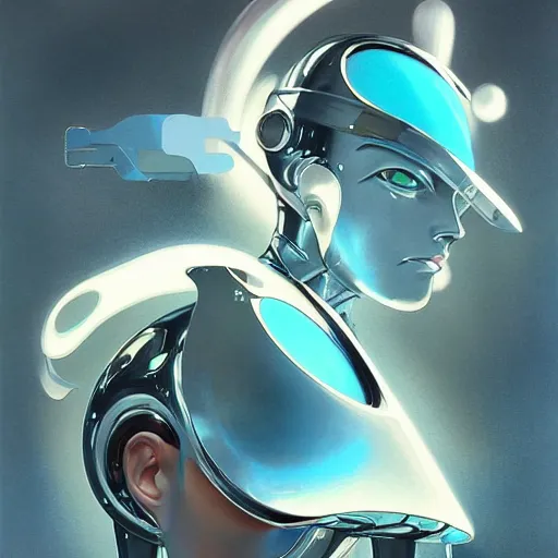Image similar to scifi futurism automaton minimalism chrome by peter mohrbacher art Hajime Sorayama airbrush hyperrealism model abstract shatter fragments cubism futurism pastel blue soft flat minimal minimalism portrait face jackson pollock ukiyo-e lithograph mark ruthko swirl escape noise shimmer glow paint