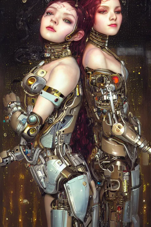 Image similar to two beautiful young cyborg maidens, cyberpunk, kiss, highly detailed, artstation, illustration, art by Gustav Klimt