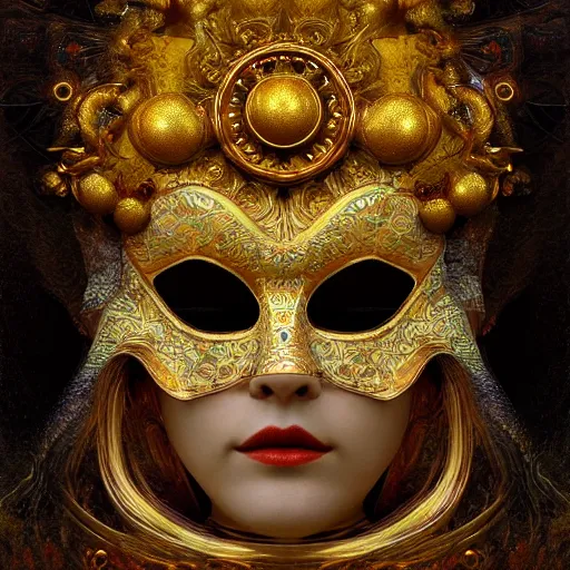 Image similar to Divine Chaos Engine, as a Venetian Carnivale Mask, by Karol Bak, Jean Deville, Gustav Klimt, and Vincent Van Gogh, celestial, visionary, sacred, fractal structures, ornate realistic gilded medieval icon, spirals, octane render