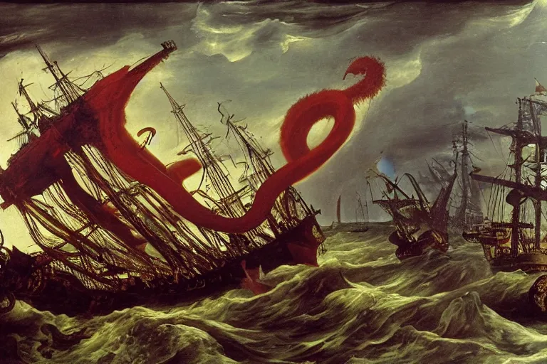 Image similar to A Kraken attacks a ship, Hans Savery the Elder (1626), oil on canvas, detailed brushstrokes