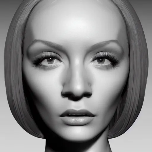 Image similar to A young beautiful female angelic-extraterrestrial-cyborg face looking like Marlene Dietrich with a very long neck, big clear eyes, thin nose, big lips, hair floating in the wind, Realistic, Refined, Digital Art, Pre-Raphaelite, Highly Detailed, Cinematic Lighting, rim light, black and white, high contrast, hyper real, photo-realistic Unreal Engine, 8K