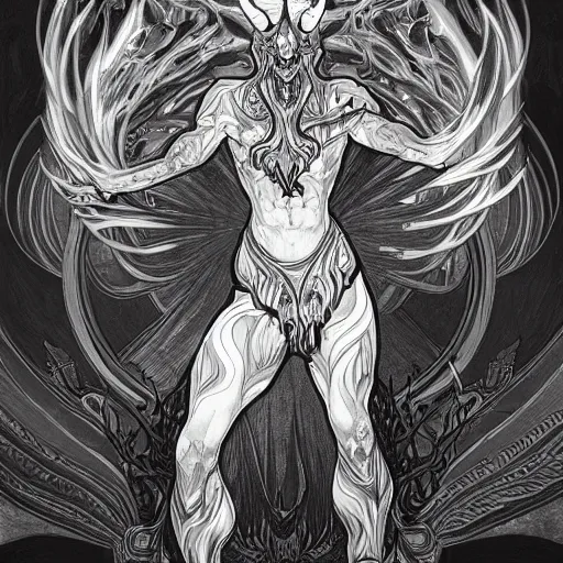 Image similar to full body grayscale drawing by Anato Finnstark of horned demon in heroic pose, swirling flames, brutal, alphonse mucha,