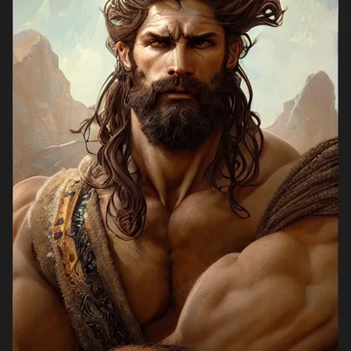 Image similar to portrait of rugged zeus, greek god d & d, muscular, fantasy, intricate, elegant, highly detailed, digital painting, artstation, concept art, smooth, sharp focus, illustration, art by artgerm and greg rutkowski and alphonse mucha