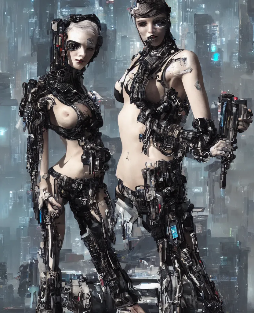 Prompt: a portrait of a beautiful cyberpunk model in a provocative outfit holding a gun made out of bones and teeth, artstation contest winner