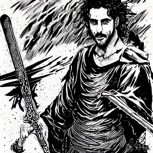 Prompt: pen and ink!!!! attractive 22 year old deus ex Frank Zappa x Ryan Gosling golden!!!! Vagabond!!!! floating magic swordsman!!!! glides through a beautiful battlefield magic the gathering dramatic esoteric!!!!!! pen and ink!!!!! illustrated in high detail!!!!!!!! by Hiroya Oku!!!!!!!!! Written by Wes Anderson graphic novel!!!!!!! published on Cartoon Network MTG!!! 2049 award winning!!!! full body portrait!!!!! action exposition manga panel