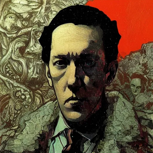 Prompt: portrait of hp lovecraft, hanafuda oil on canvas by ivan shishkin, james jean and yoji shinkawa