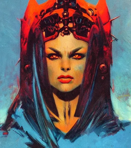 Image similar to portrait of strong female chaos angel, beautiful! coherent! by frank frazetta, by brom, strong line, vivid neon color, spiked scrap metal armor, iron helm maximalist