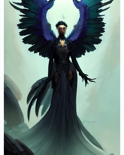 Prompt: character portrait of a raven angel of night wearing robes with iridescent black raven wings, by peter mohrbacher, mark brooks, jim burns, marina abramovic, wadim kashin, greg rutkowski, trending on artstation