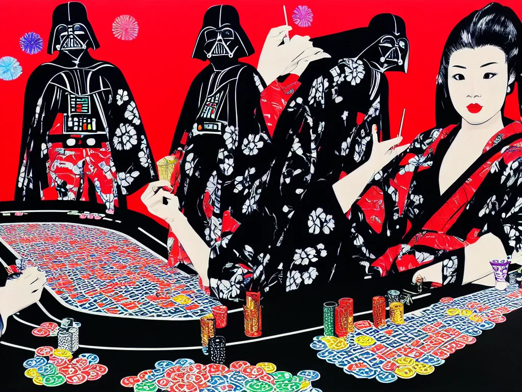 Image similar to hyperrealism composition of the detailed woman in a japanese kimono sitting at an extremely detailed poker table with darth vader, fireworks on the background, pop - art style, jacky tsai style, andy warhol style, acrylic on canvas