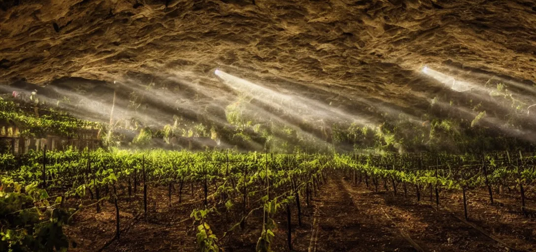 Image similar to large city in underground large cave, vines, god rays shot from far away