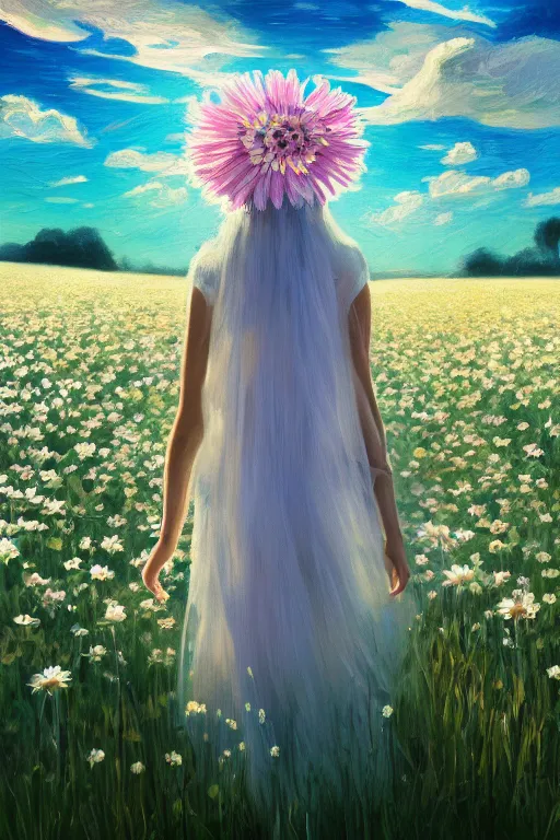 Image similar to giant white daisy flower crown head, veil girl walking in a flower field, surreal photography, sunrise, dramatic light, impressionist painting, colorful clouds, digital painting, artstation, simon stalenhag