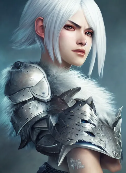 Image similar to warrior, fur - lined armor!!! beautiful and gorgeous white haired female!! monster hunter!! character concept art, sharp focus, octane render! unreal engine 5! highly rendered!! trending on artstation!! detailed linework!! illustration by artgerm, wlop, and chie yoshii