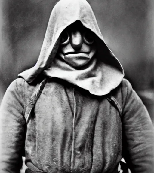 Image similar to a man wearing hooded mask at distance, ww1 film photo, grainy, high detail, high resolution