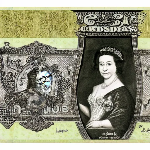 Prompt: a five pound note gbp but the portrait of the queen has been replaced by a happy corgi